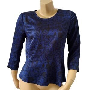 Ann Taylor Size 4 Blue Black Floral Peplum Asymmetric Hem Career Office Top